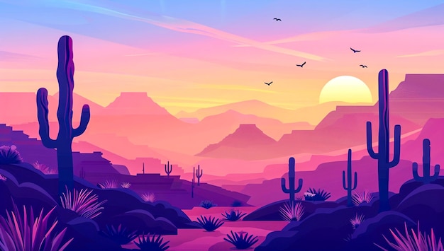Krajobraz pustyni w Arizonie z kaktusami na zachodzie słońca Ilustracja wektorowa