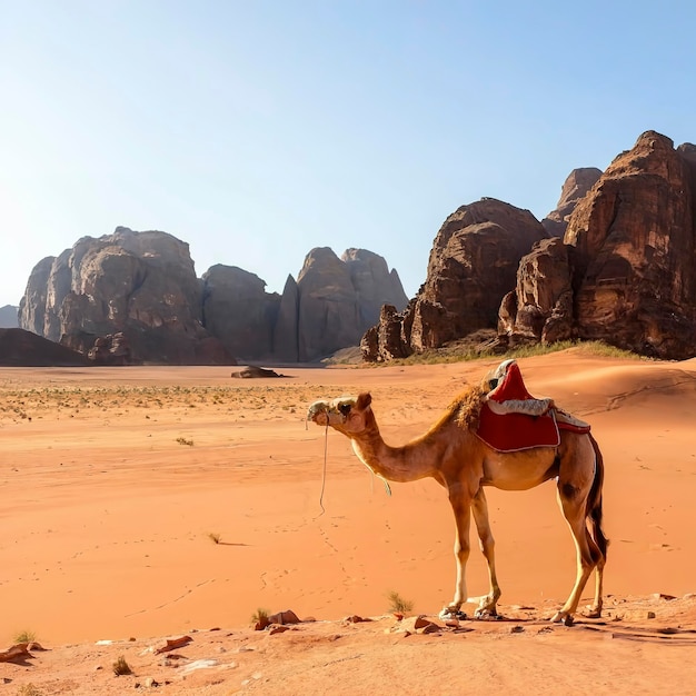 Krajobraz pustyni z wielbłądem Góry piaskowe i pustynia na pustyni Wadi Rum w Jordanii