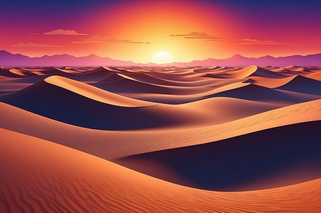 Krajobraz pustynnych wydm przy zachodzie słońca Abstrakcyjne tło z dynamicznym efektem Kreatywny projekt z żywymi gradientami Ilustracja wektorowa 3D