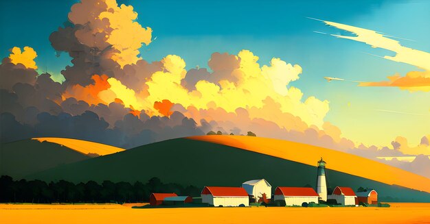 Krajobraz Rolnictwo Rolnictwo Organiczne gospodarstwo rolne Uprawy gruntowe Panoramiczny widok Generative AI Fantasy Digital Art