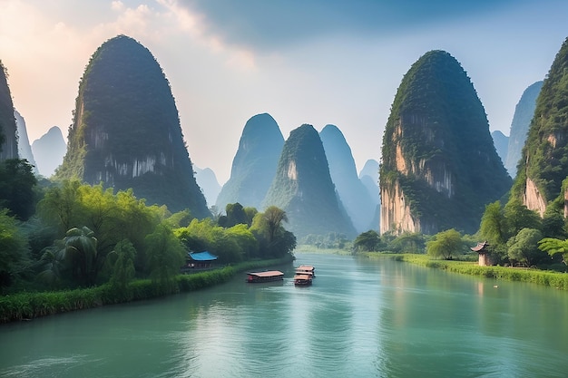 Krajobraz rzeki Guilin Li i gór krasowych położony w pobliżu hrabstwa Yangshuo Miasto Guilin