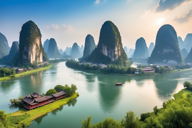 Krajobraz rzeki Guilin Li i gór krasowych położony w pobliżu hrabstwa Yangshuo Miasto Guilin