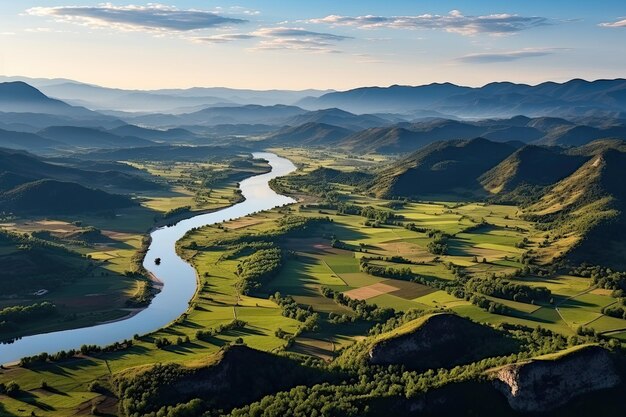 Zdjęcie krajobraz serbii z rzeką i górami widok lotniczy dronów generatywna sztuka sztucznej inteligencji piękny widok