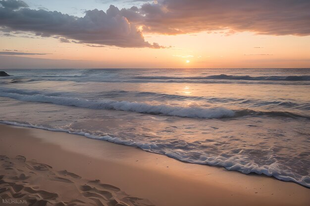 Krajobraz spokojnej plaży o zachodzie słońca ze złotym piaskiem, łagodnymi falami i pastelowym niebem.