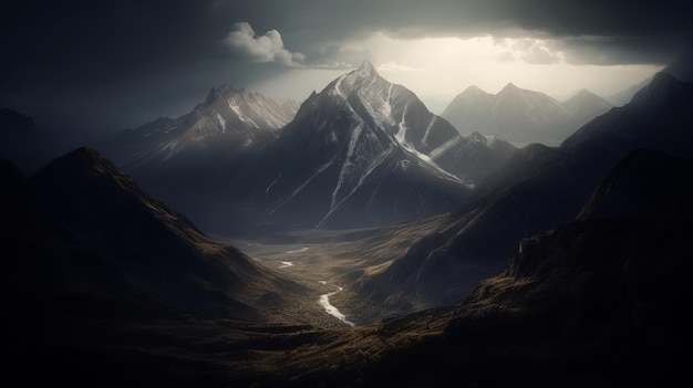 Krajobraz szczytu górskiego z kinowym oświetleniem generowanym przez sztuczną inteligencję
