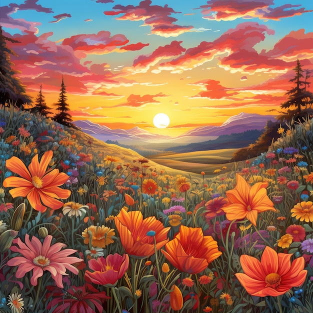 krajobraz tekstura malarstwo z pięknym tle zachodu słońca nieba