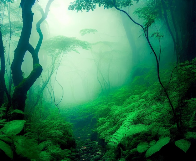 Krajobraz tropikalnego zielonego lasu z mgłą 3d ilustracji Generative AI