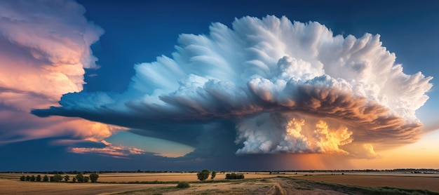 Zdjęcie krajobraz wiejski z burzą grzmotową cumulonimbus chmura na niebie o zachodzie słońca