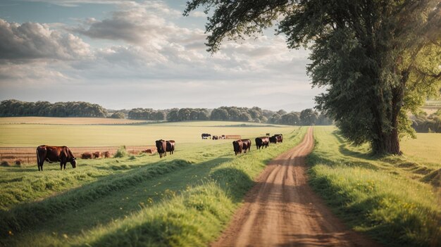 Zdjęcie krajobraz wiejski z paszącymi się krowami i polem rolniczym