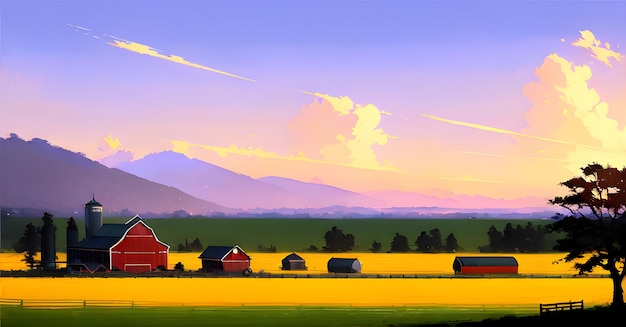 Krajobraz wiejskich pól uprawnych z pięknym zachodem słońca Wieś Farm Field with Barn Generative ai for instagram post facebook website banners flyers