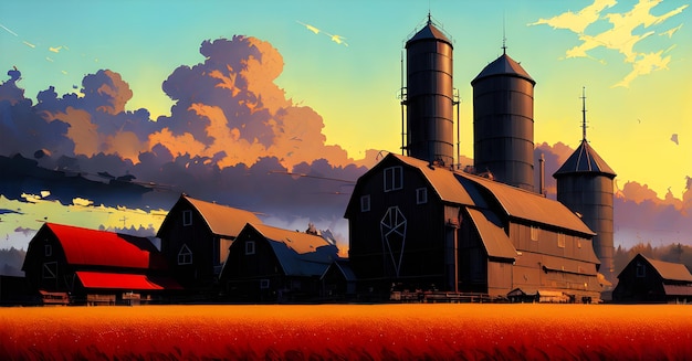 Zdjęcie krajobraz wiejskich pól uprawnych z pięknym zachodem słońca wieś farm field with barn generative ai for instagram post facebook website banners flyers