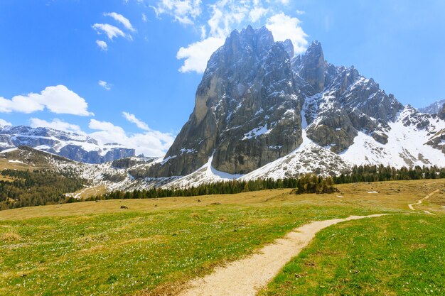 Krajobraz Włoskich Dolomitów. Widok Na Słynną Górę „sassolungo” „alpe Di Siusi” We Włoszech.