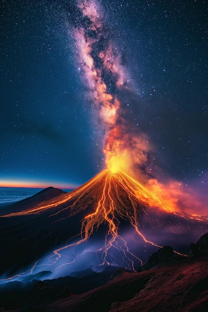 Krajobraz z aktywnym wybuchającym wulkanem na tle gwiezdistego nocnego nieba z jasną Drogą Mleczną