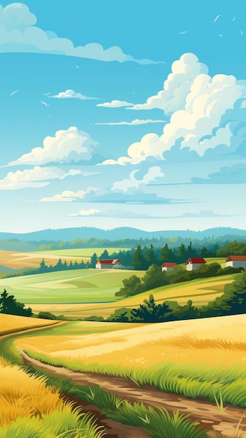 Krajobraz z czerwoną stodołą i wzgórzami.