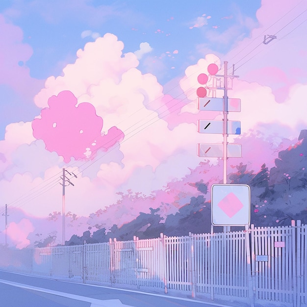 Krajobraz z drogowymi i kolorowymi chmurami na niebie Baner z pustą przestrzenią w stylu manga