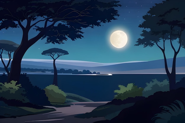 Krajobraz z drzewami akacji w nocy ilustracja kreskówki wektorowej afrykańskiej sawany z pełnią księżyca