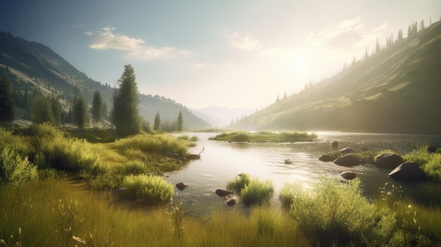 Krajobraz z górami lasem i rzeką piękna sceneria Generative AI