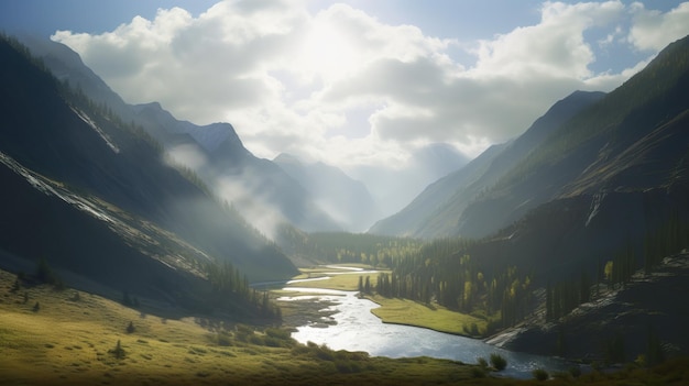 Krajobraz z górami lasem i rzeką piękna sceneria Generative AI