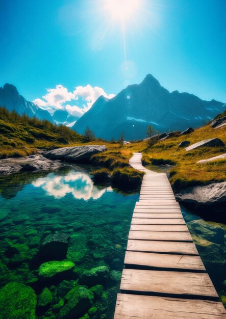 Zdjęcie krajobraz z górami w tle z pięknym jeziorem ze skałami i mostem