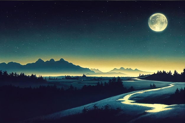 Krajobraz z Księżycową Ilustracją. Generatywna sztuczna inteligencja