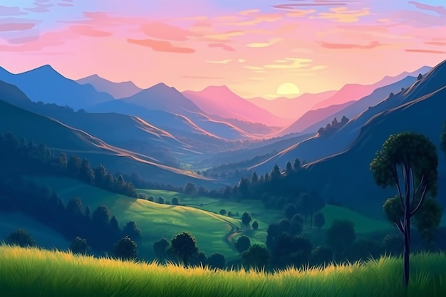 Krajobraz z łąką i górami o zachodzie słońca