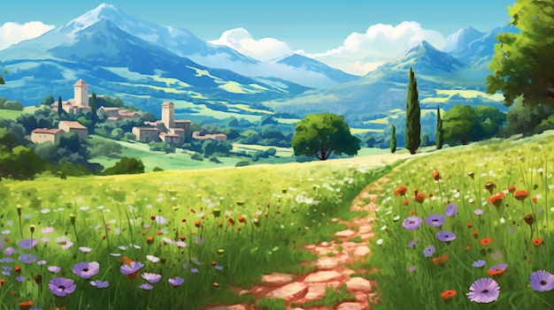 Krajobraz z łąkami, kwiatami i górami Malarstwo cyfrowe
