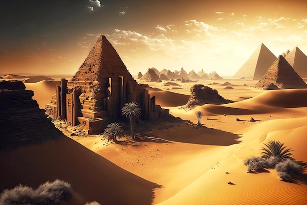 Krajobraz z palmami starożytnych piramid egipskich i kopcami piasku