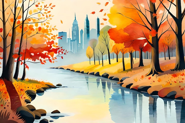 Krajobraz z parkiem miejskim jesienią generatywnej ilustracji AI w stylu akwareli