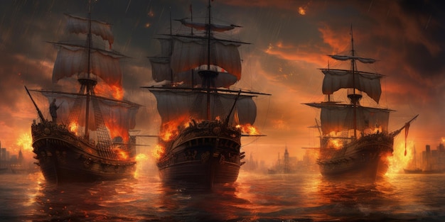 Krajobraz z płonącymi okrętami piratów walczącymi na morzu Generatywna sztuczna inteligencja