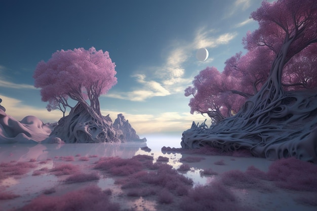 Krajobraz z różowymi drzewami i księżycem na niebie.