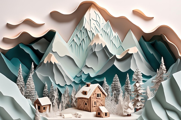 Krajobraz z sosnami z bali i zamarzniętymi górami w stylu wycinanki z papieru Generative AI