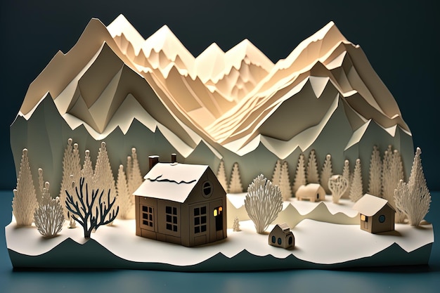 Krajobraz z sosnami z bali i zamarzniętymi górami w stylu wycinanki z papieru Generative AI