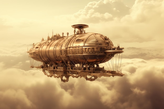 Krajobraz z statkiem powietrznym na niebie w stylu steampunk Generatywny AI