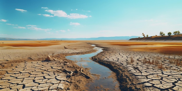 Krajobraz z suchym jeziorem i pękniętą ziemią Koncepcja zmian klimatycznych