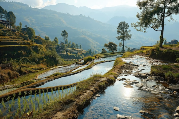 krajobraz z tarasami ryżowymi podczas napełniania wodą