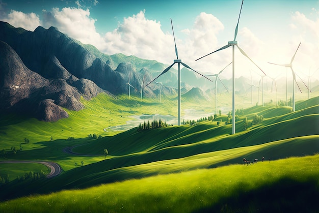 Krajobraz z wiatrakami Technologia energii odnawialnej Generative AI