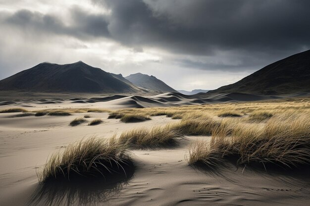 Zdjęcie krajobraz z wydmami piaszczystymi ciemny dzień