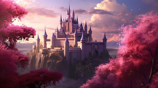 Krajobraz z zamkiem fantasy Ilustracja z magicznym zamkiem królestwo tło kreskówki