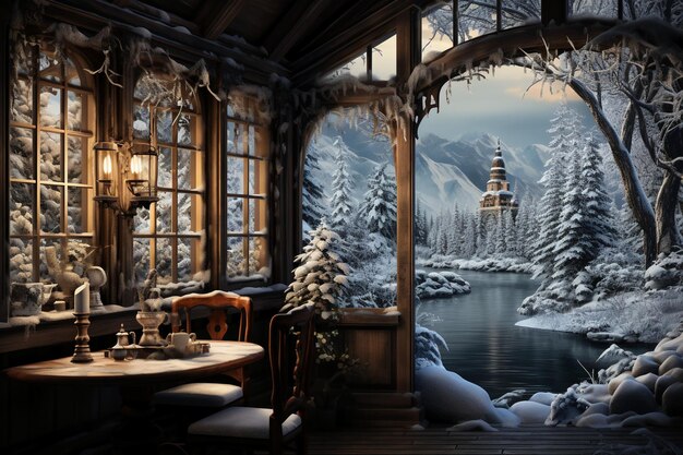 Krajobraz za oknem domku z drewna pokazuje silne opady śniegu.