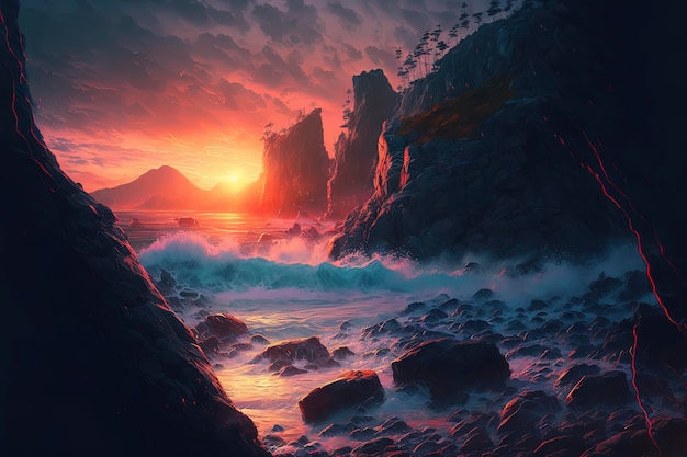 Krajobraz zachodu słońca nad oceanem ze skalistą linią brzegową i rozbijającymi się falami pod AIGenerated