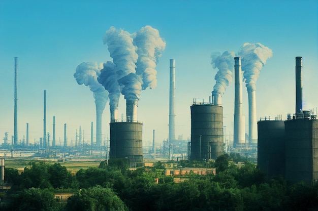 Krajobraz zanieczyszczeń w mieście, zanieczyszczona fabryka nad smogiem w powietrzu i przyrodzie