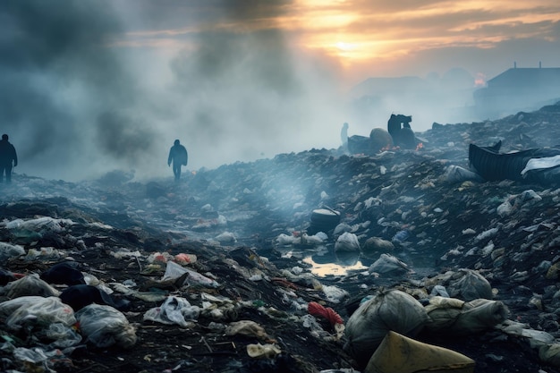 Krajobraz zaśmiecony przez śmieci, katastrofę ekologiczną zanieczyszczonej ziemi zanieczyszczonej odpadami