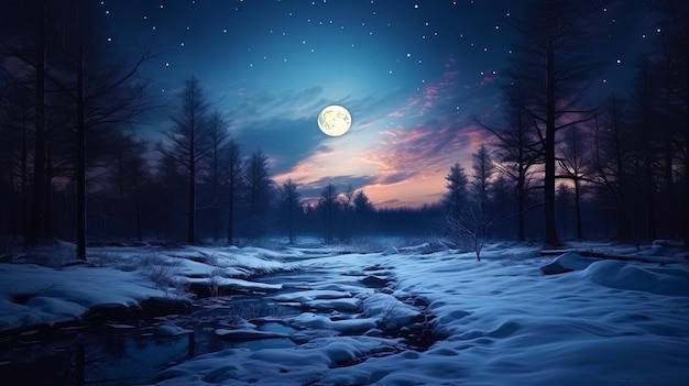 Krajobraz zimowego lasu w miękkim świetle księżyca