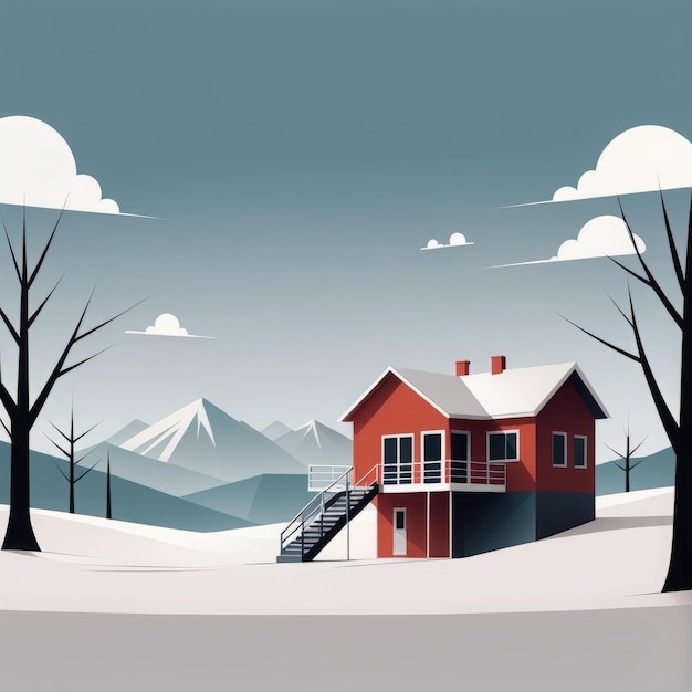 krajobraz zimowy z drewnianym domem krajobraz zimowy z drewnianym domem z pokrytym śniegiem