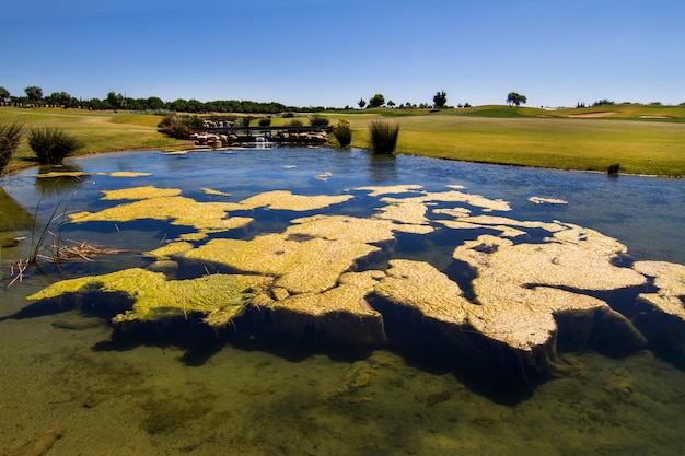 Zdjęcie krajobrazowy widok na pole golfowe w algarve.