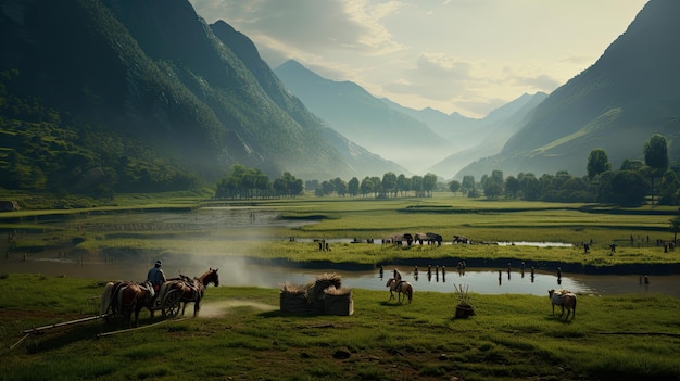 Krajobrazowy widok z rolnikami pracującymi w żyznych polach górach i rzece
