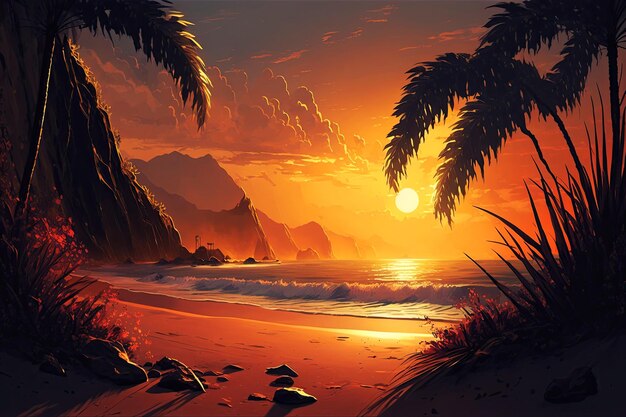 Krajobrazowy zachód słońca z palmami na kolorowym tle ilustracja Generative AI