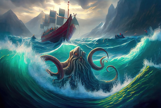 Kraken ośmiornica olbrzymia pod głębiną morską atakuje i zatapia tło statku Grafika cyfrowa Ilustracja Koncepcja mitycznych stworzeń fantasy Generatywna sztuczna inteligencja