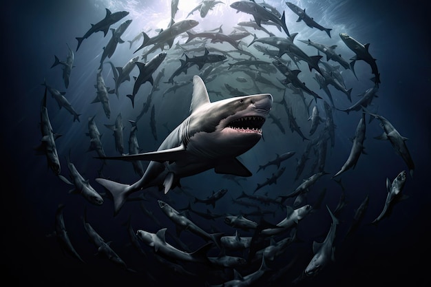 Krążące rekiny z góry Niebezpieczeństwo w głębinach oceanu