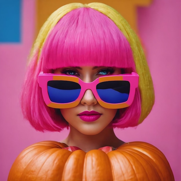 Kreatywna dynia w różowej perukie i 8-bitowych okularach przeciwsłonecznych radzi sobie z tym w stylu retro kostium w stylu 80'ów w stylu cr